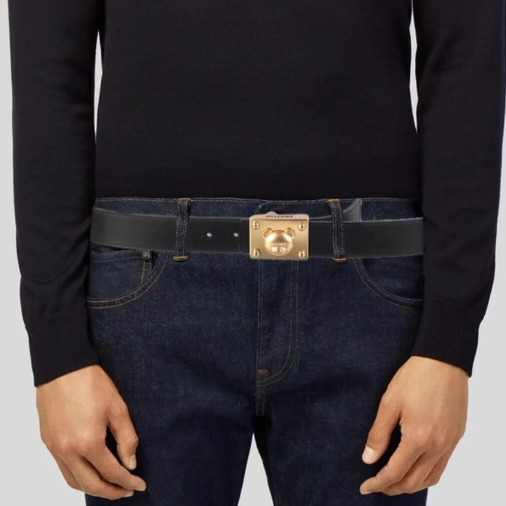Moschino Leather Belt with Gold Tone Moschino Bear Buckle - Picture 2 of 13